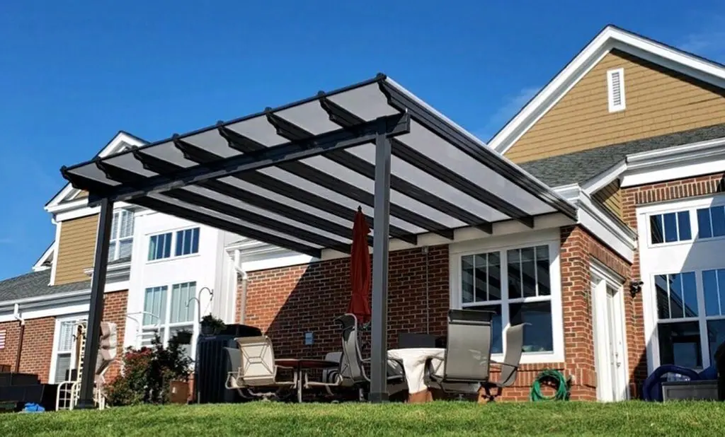 Three large black motorized screens fully closed over patio openings by a small backyard pool