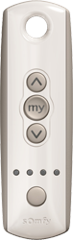 Somfy remote control with up, down, and 'my' preset buttons and five indicator lights for motorized screens or shades.