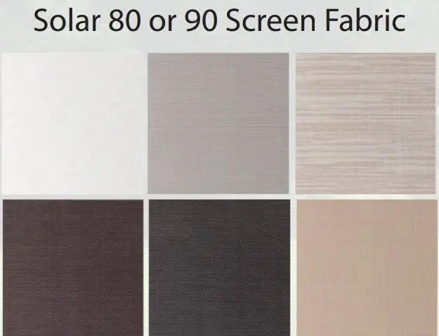 Six fabric swatches labeled Solar 80 or 90 Screen Fabric in shades of white, gray, brown, and beige