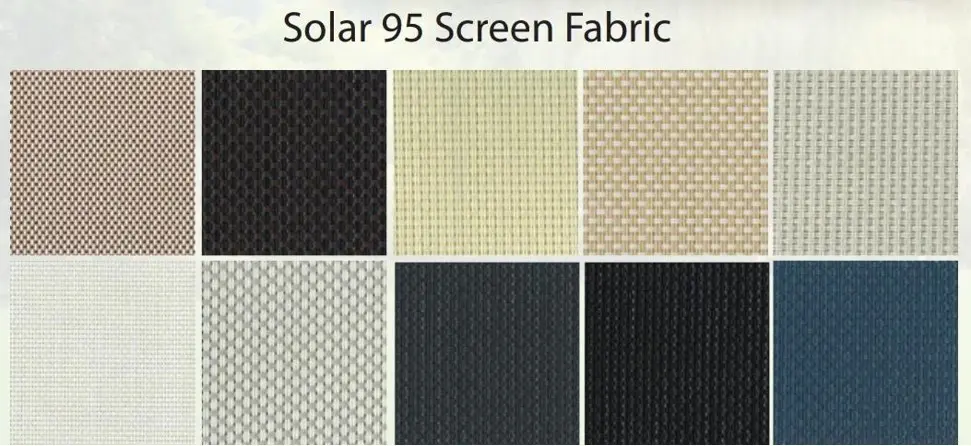 Ten swatches of Solar 95 screen fabric in various colors and patterns, arranged in two rows for selection