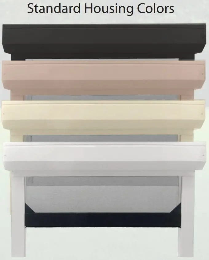 Display of standard housing colors for retractable screen casings, including black, bronze, beige, ivory, and white
